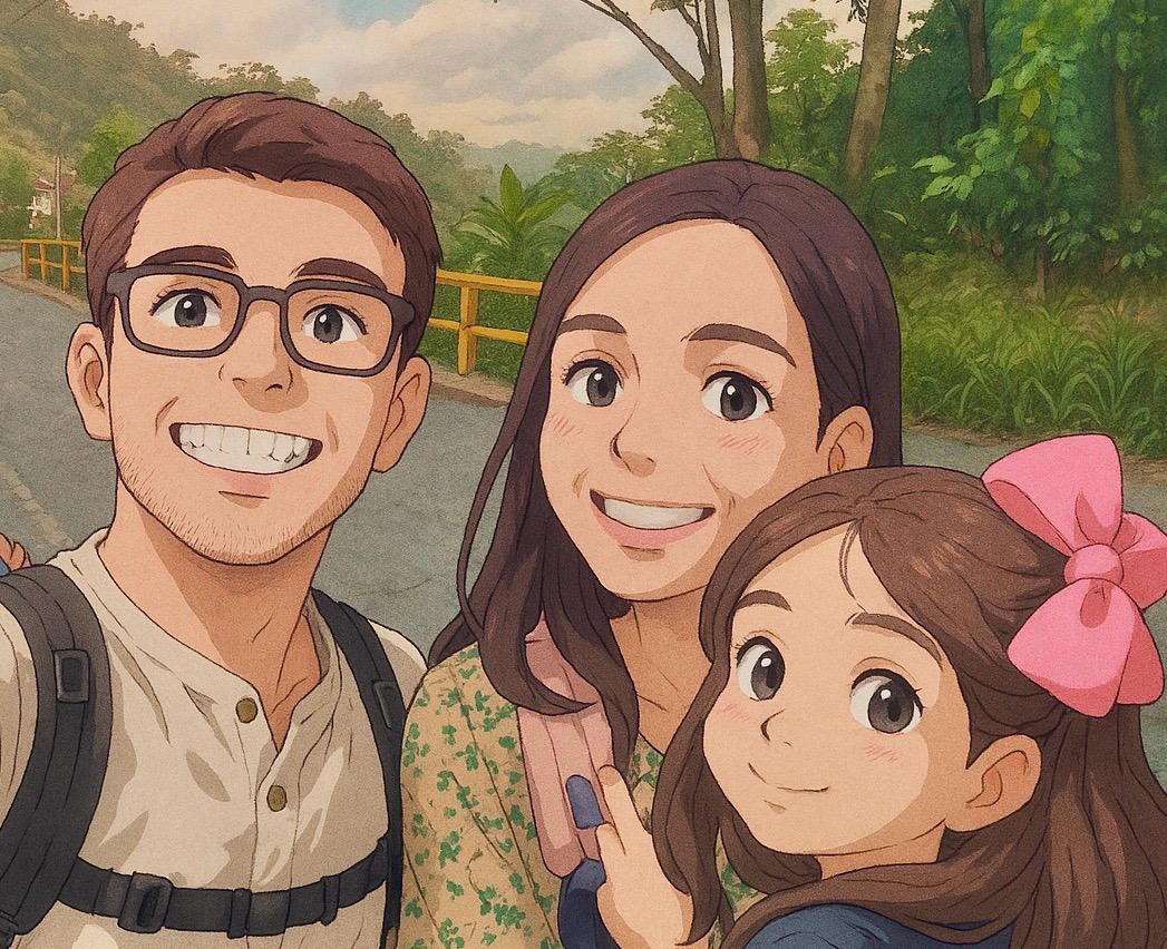 Illustrated portrait of the Chelone Labs family - Kevin, Angelica, and Ada